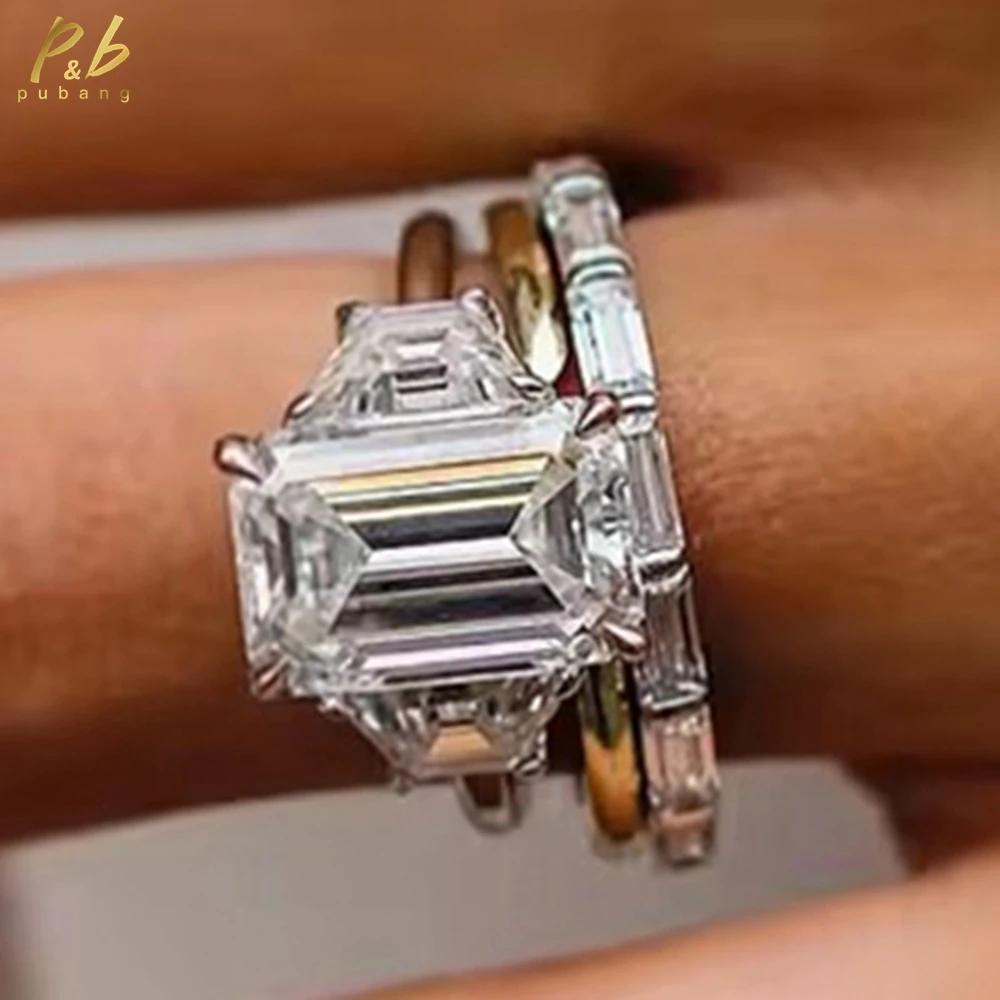 

PuBang Sparkling 3EX VVS1 D Color 6.5 Carat Center Crushed Ice Emerald Cut Moissanite Ring Solitaire Band for Woman Wedding Gift