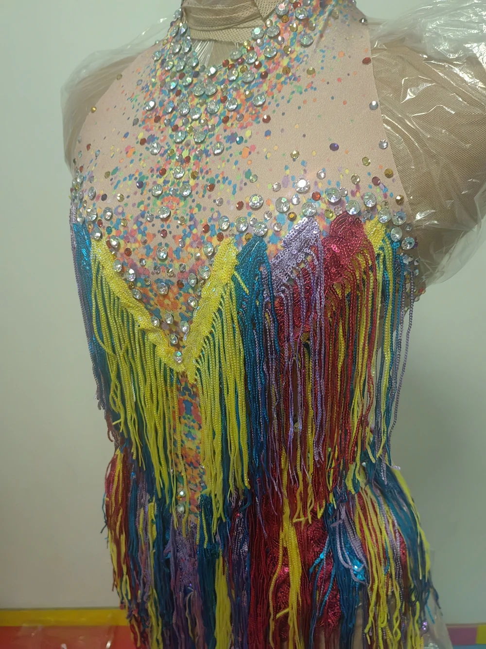 Sparkly Rhinestones Colorful Sequins Tassels Bodysuit for Women Sexy Performance Dance Costume Stage Wear Singer Dancer Clothing