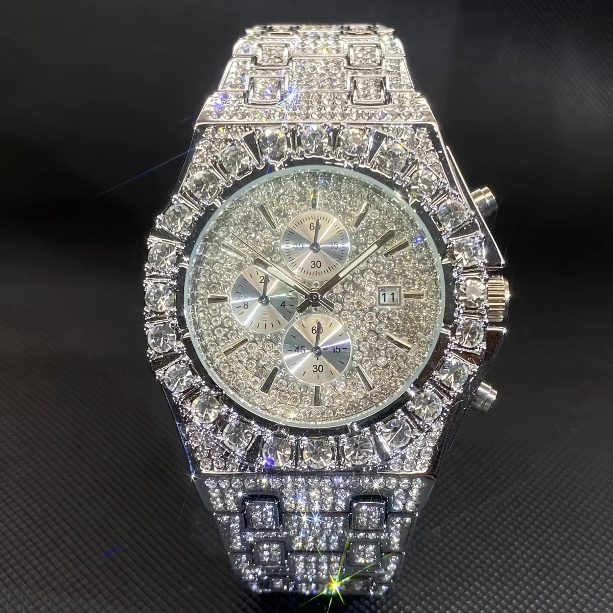Men's fully embellished watch with chain link shaped strap, gorgeous and fashionable style