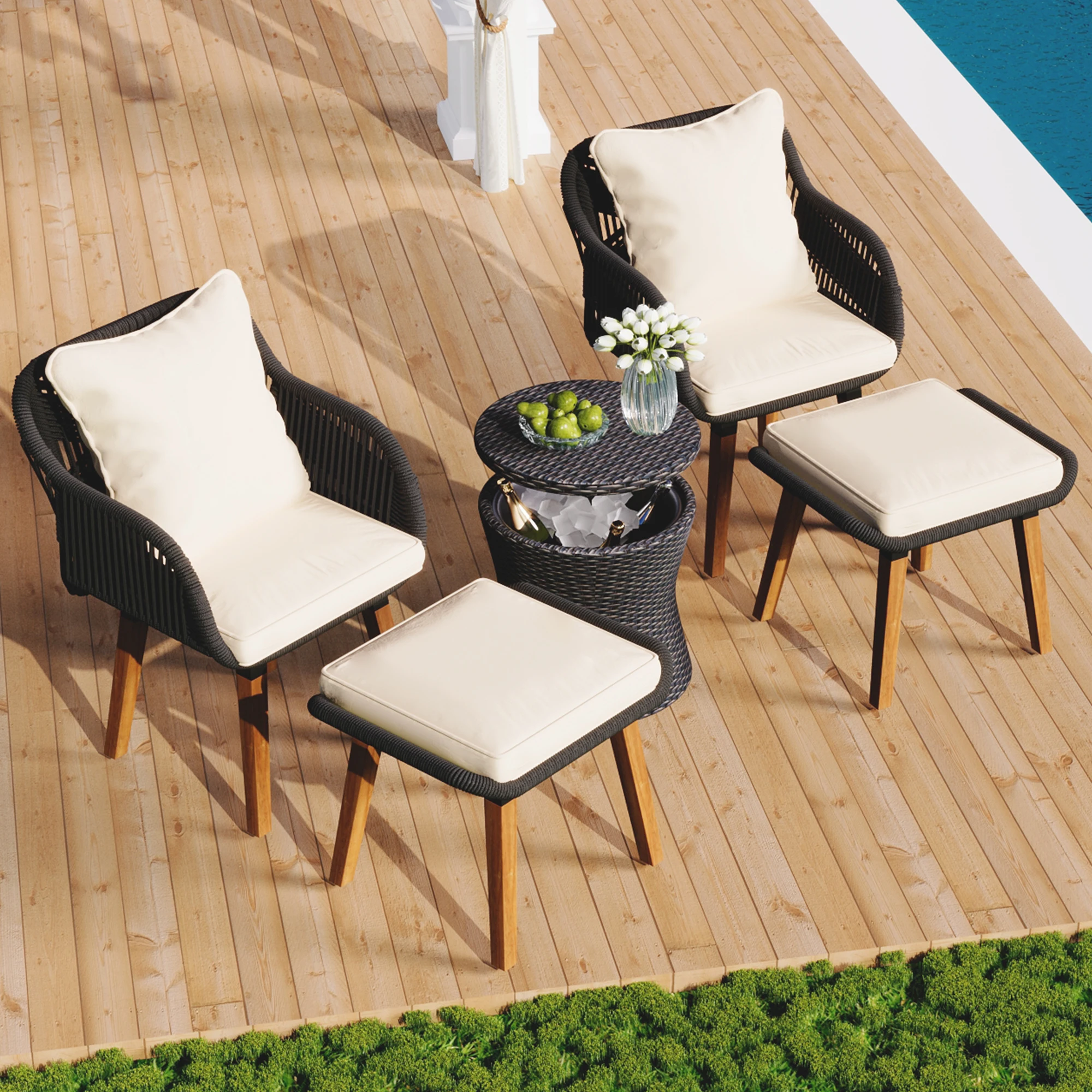 K&K 5 Pieces Patio Furniture Chair Sets, Patio Conversation Set With Wicker Cool Bar Table, Ottomans,Outdoor Furniture Bistro Se