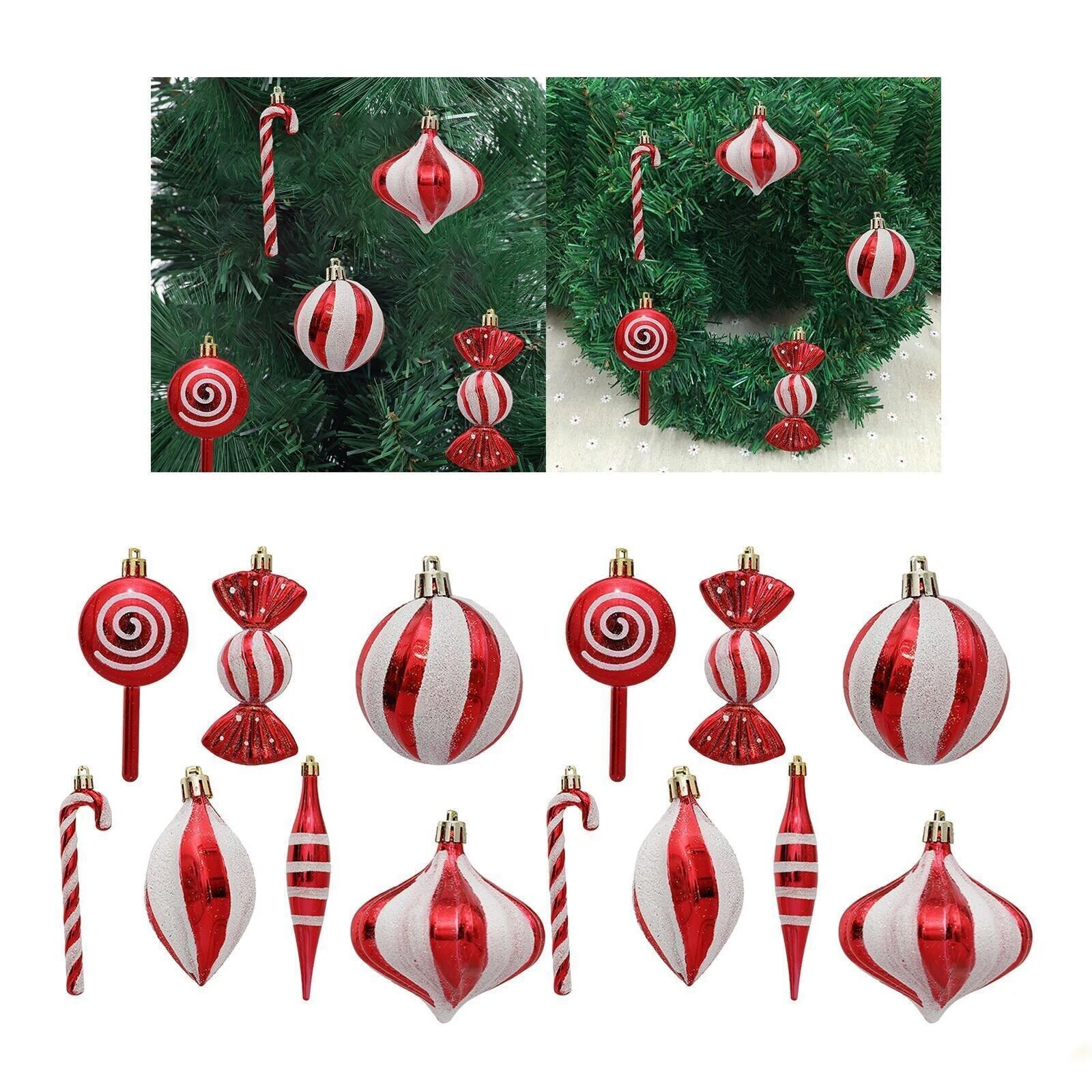 12/14pcs Red White Candy Cane Christmas Hanging Decorations Plastic Xmas Tree Hanging Ornaments New Year Party Decoration Gifts