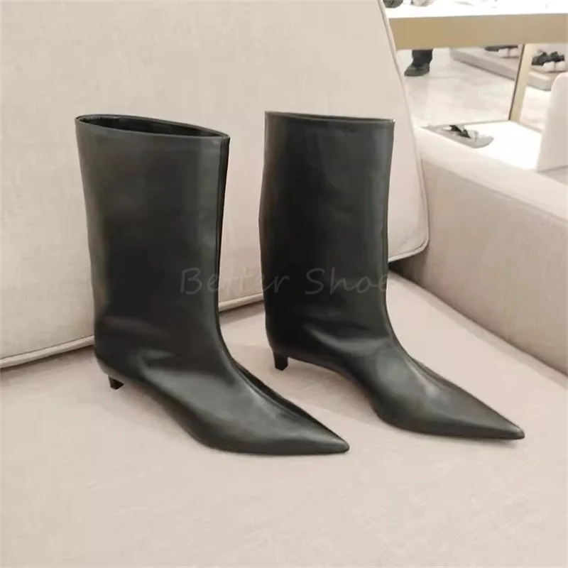 

Pointy Low Heel Wide Calf Boots for Women Fashion French Style Black Leather Mid Boots 2024 Autumn and Winter New Cat Heels Shoe