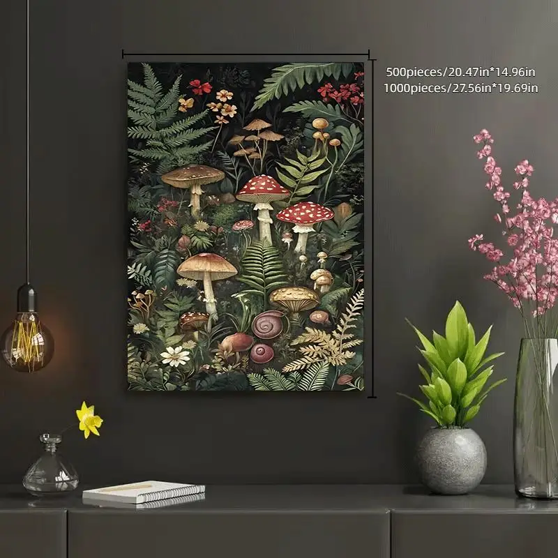1 ensemble (1000 pièces/1 ensemble (500 pièces) puzzle en papier pour bricolage: "scène de champignons et de fleurs dans la forêt sombre"-jeu de puzzle, casse-tête,