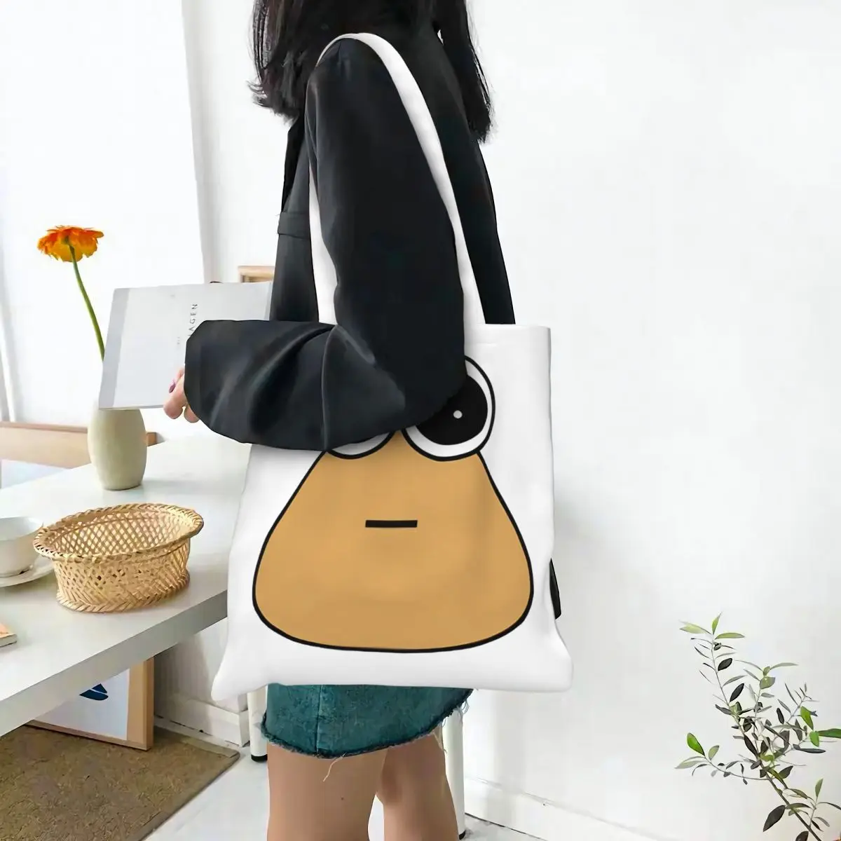 My Pet Alien Pou Canvas Tote Bag Simple Style Large Capacity Shopping Bag for Women Student Bags