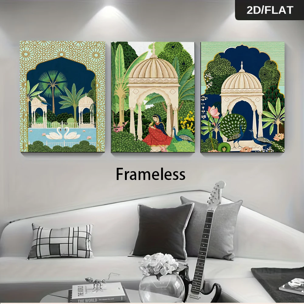 1 ensemble de peintures décoratives sans cadre, style indien, architecture de jardin, paon, cygne, salon, chambre à coucher, plan 2D