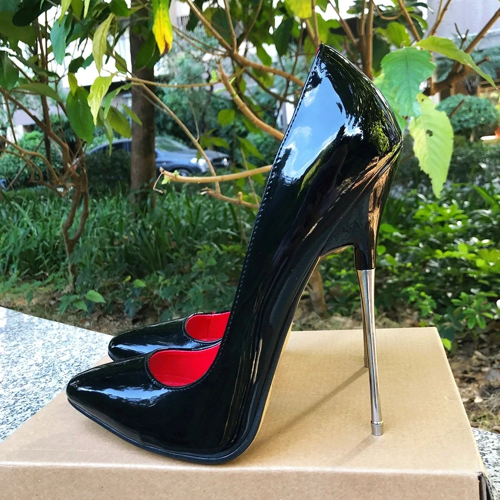 Tikicup 16cm Extreme Metal High Heels Women Black Sexy Red inside Pointy Toe Stilettos Fetish Model Party Unisex Shoes Size 46