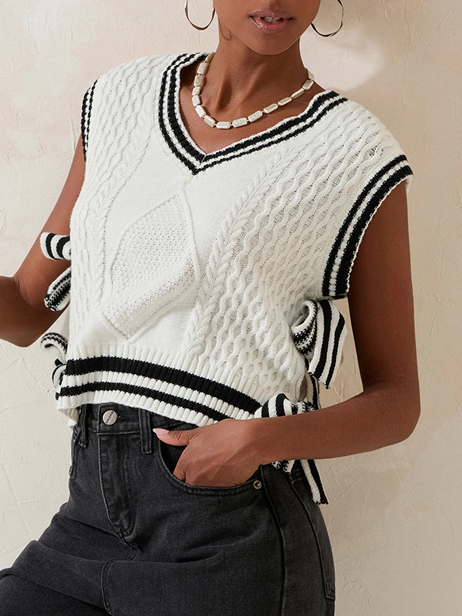 Women s Cable Knitted Sweater Vests V-Neck Stripe Side Ties Loose Short Gilet