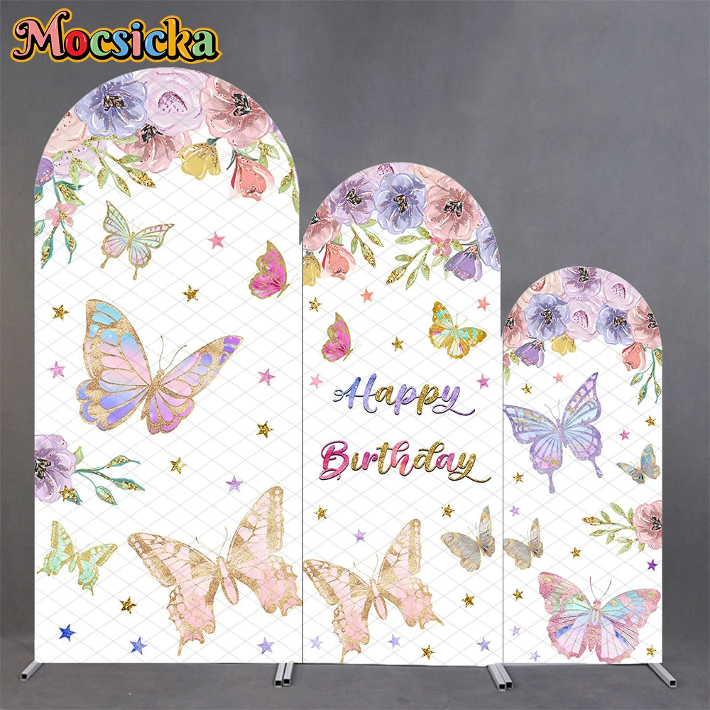 

Mocsicka Butterfly Arch Cover Backdrops Baby Shower Girl Princess Happy Birthday Party Arched Backgrounds Colorful Flowers Decor