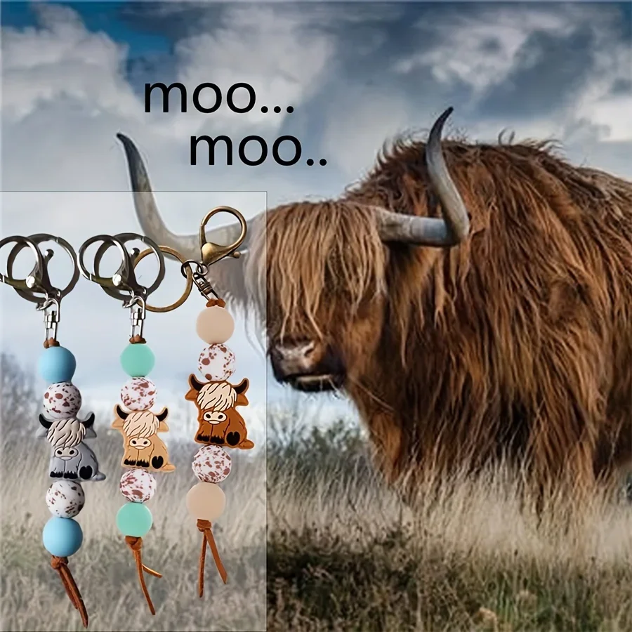 Western Yak Beaded Keychains Cute Silicone Animal Key Chain Ring Purse Bag Backpack Charm Earbud Case Cover Accessories Gifts