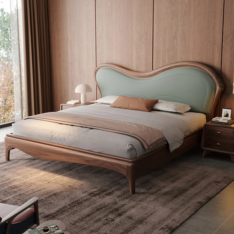 

Новая кровать из цельного дерева в китайском стиле. Современная простая главная спальня. Двуспальная кожаная кровать.