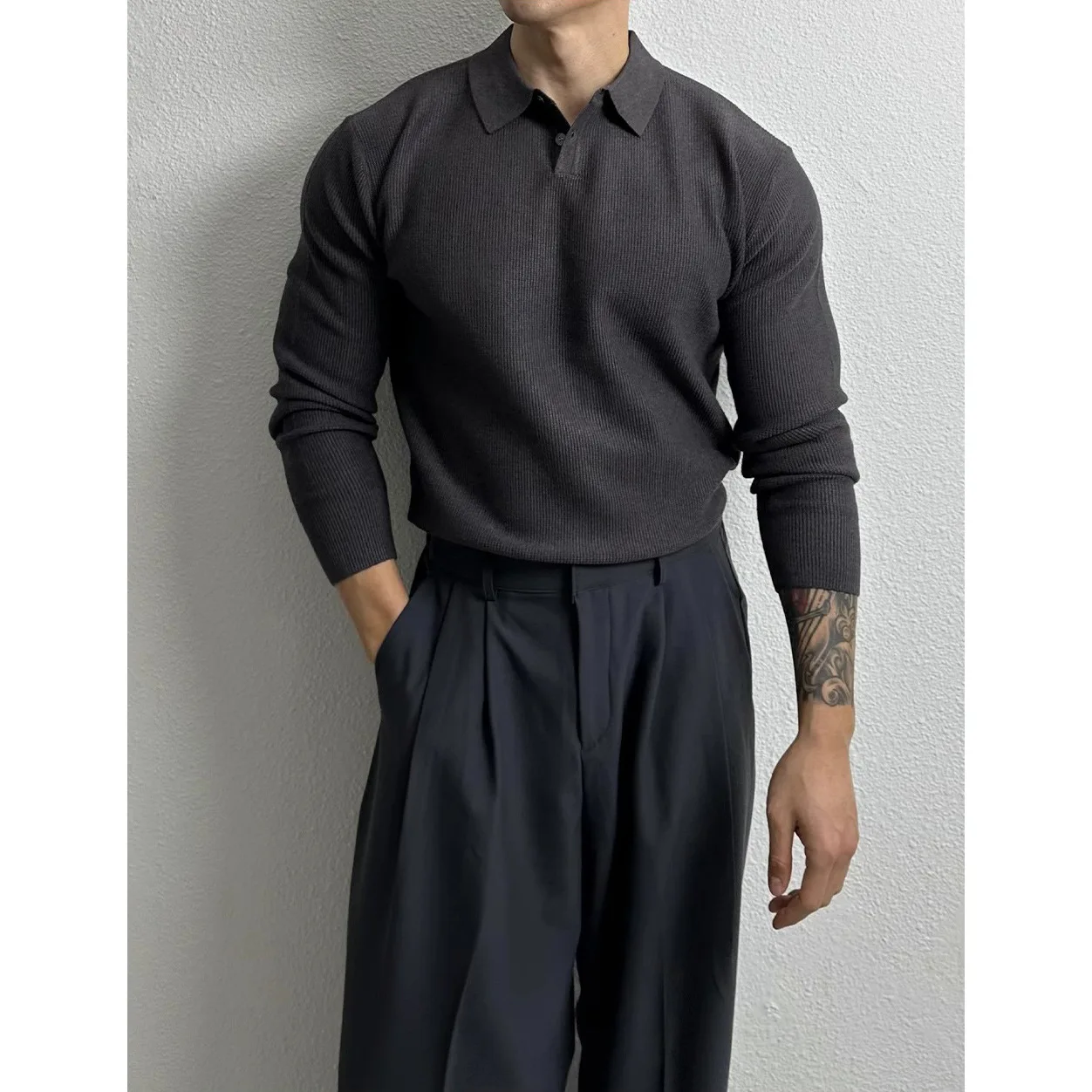 Gent Spring Autumn Turn-down Collar Polo Shirt Boys Slim Fit Long Sleeve Knitted Sweater Men Soft  Sweater Student Casual Jacket
