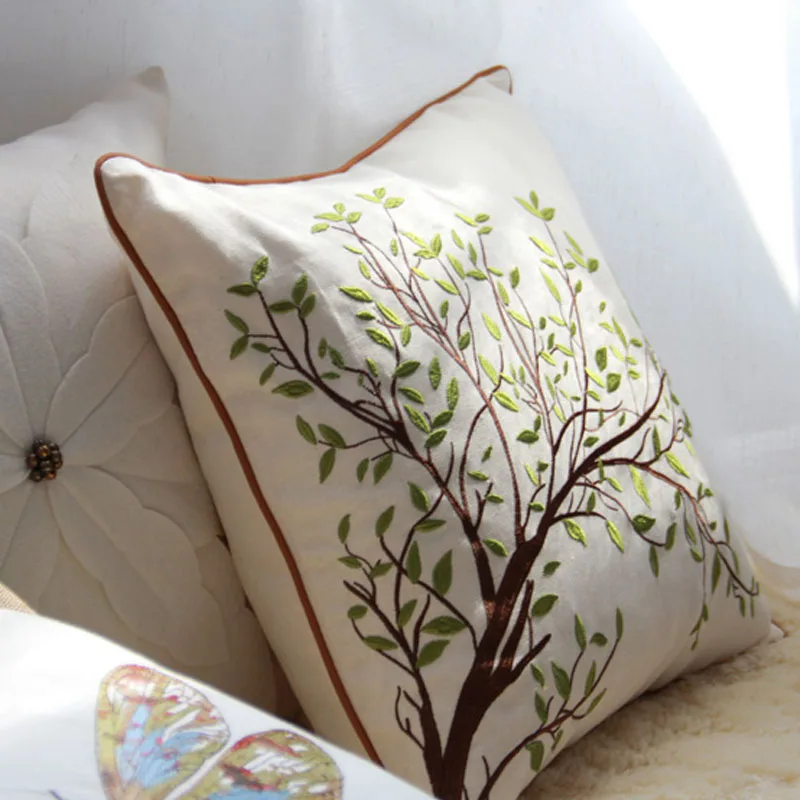 Embroidery Green Leaf Tree flower dragonfly Cotton Linen Pillowcase Sofa Decorative Pillows Home Decor Pillow Cover Natural