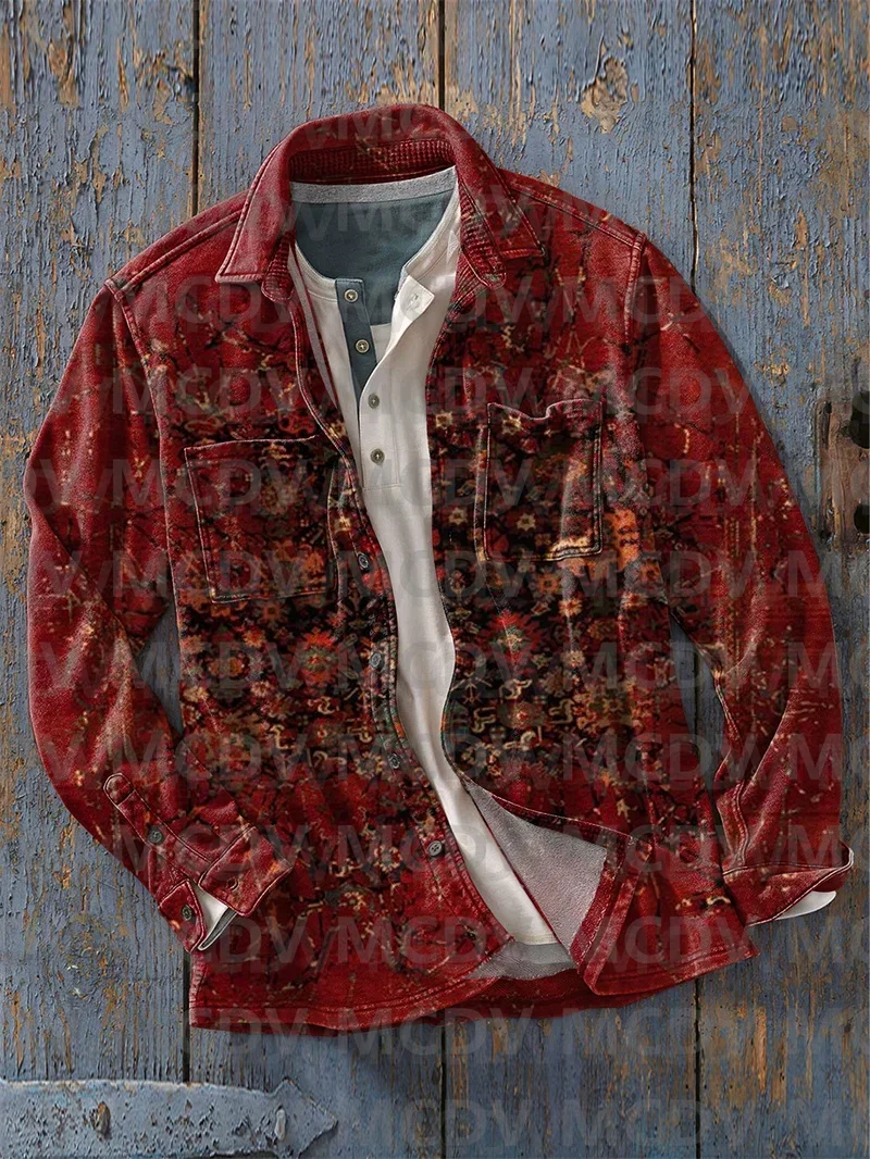 Heren Vintage Ethische Kunst Print Casual Shirt Met Lange Mouwen Casual Knoop