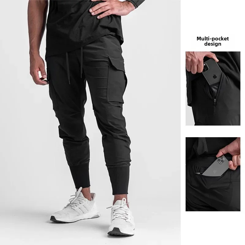 Custom LOGO Spring and Autumn Men's Casual Pants American Youth Quick-Drying Ice Silk Multi-Pocket Tie Sports Pants