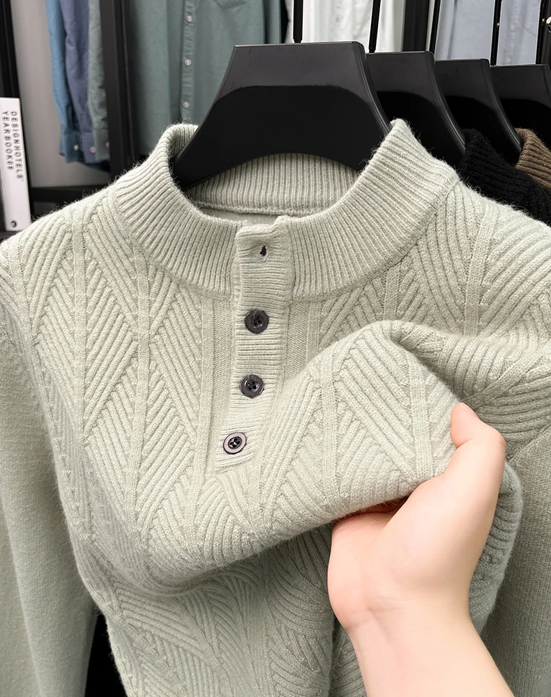 Advance jacquard men's knitted sweater solid color simple spring new trend button stand up neck korean edition casual pullover