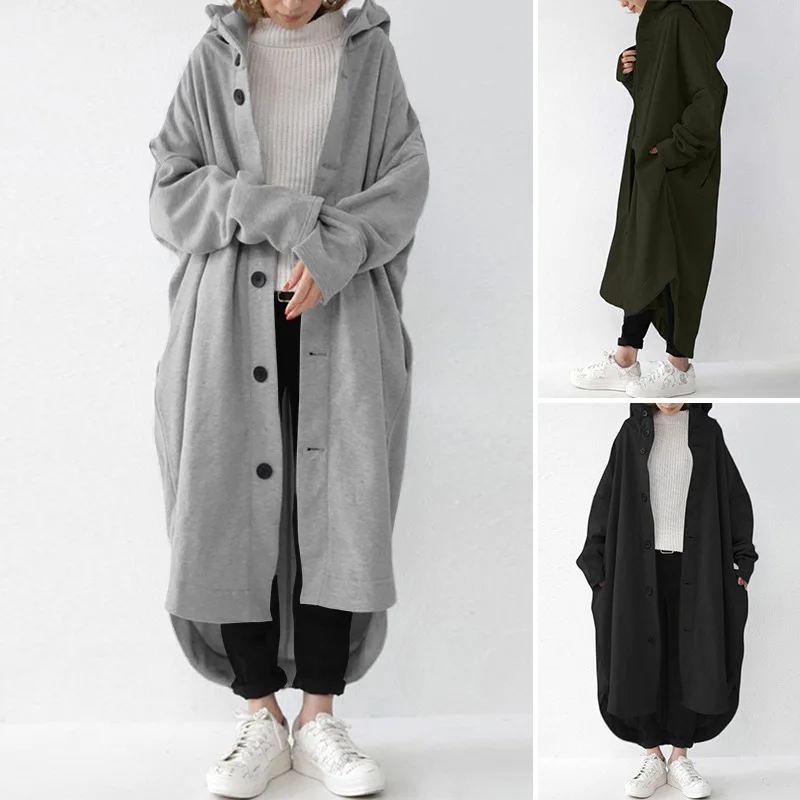 Damen Wollmantel 2026 Neuer Windbreaker Einfarbig Knopfverschluss Offener Stich Kapuzen-Mittellanger Mantel Damenbekleidung