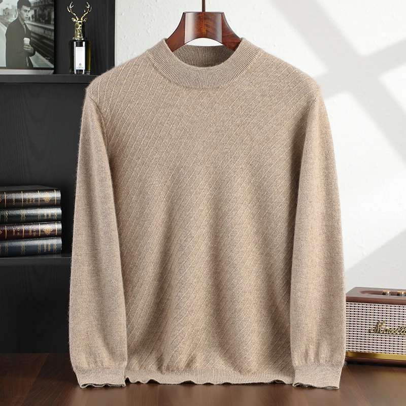 Autumn and Winter New Collection (100% Cashmere) Men's Casual Twill Diamond Round Neck Solid Color Casual Sweater for Men