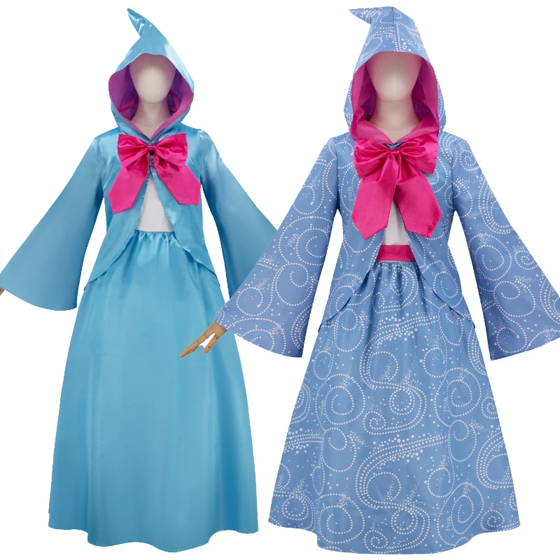 

Adult Halloween Performance Costume Fairy Godmother Cosplay Blue Hooded Witch Costume with Pink Bow