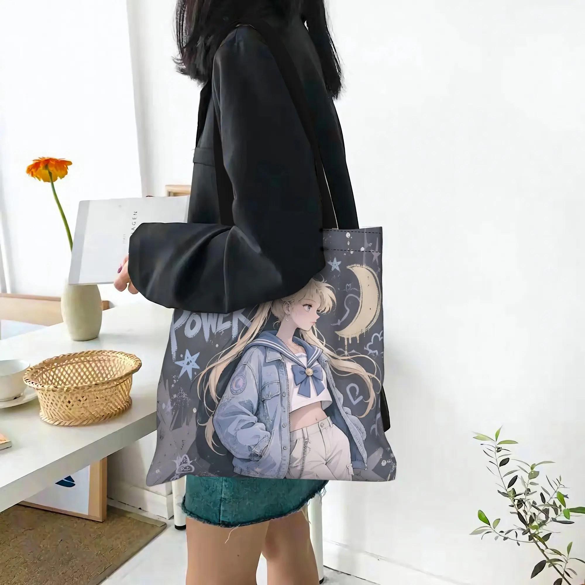 Customized Sailor Moon Women's Bag Campus Handbag Large Capacity  Canvas Tote Bag Foldable Chic Pattern