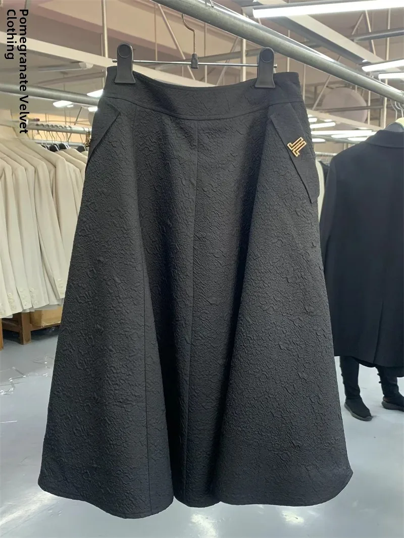 

Ele High Waist Umbrella Skirt with Metal Bae Detail Spring Autumn New Arrival Ladylike Midi Length f Body Skirt
