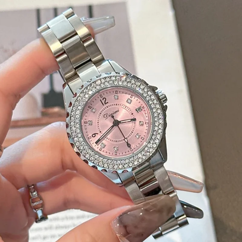 Zakelijke Vrouwen Kijken Prachtige Water Diamant Licht Luxe Vrouwen Quartz Polshorloges Waterdichte Stalen Bands Mode Relatiegeschenk