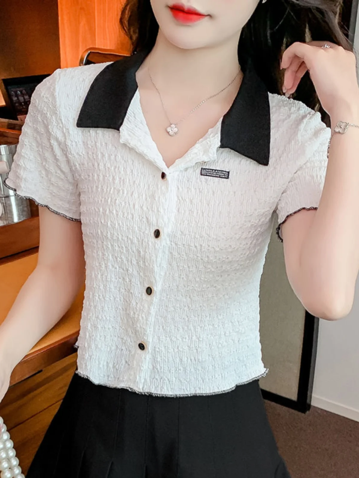 

Summer New Style Women's Short Sleeve Shirt Folded Hem Collar Color Block French Style Loose Fit Polyester Fiber Top