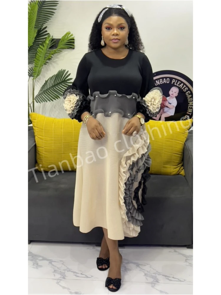 

EGRM Miyaki Flower Design Women's Pleated Dress O-neck Long Sleeve Color Block Patchwork Chic Beading Loose Female Clothes 5G903