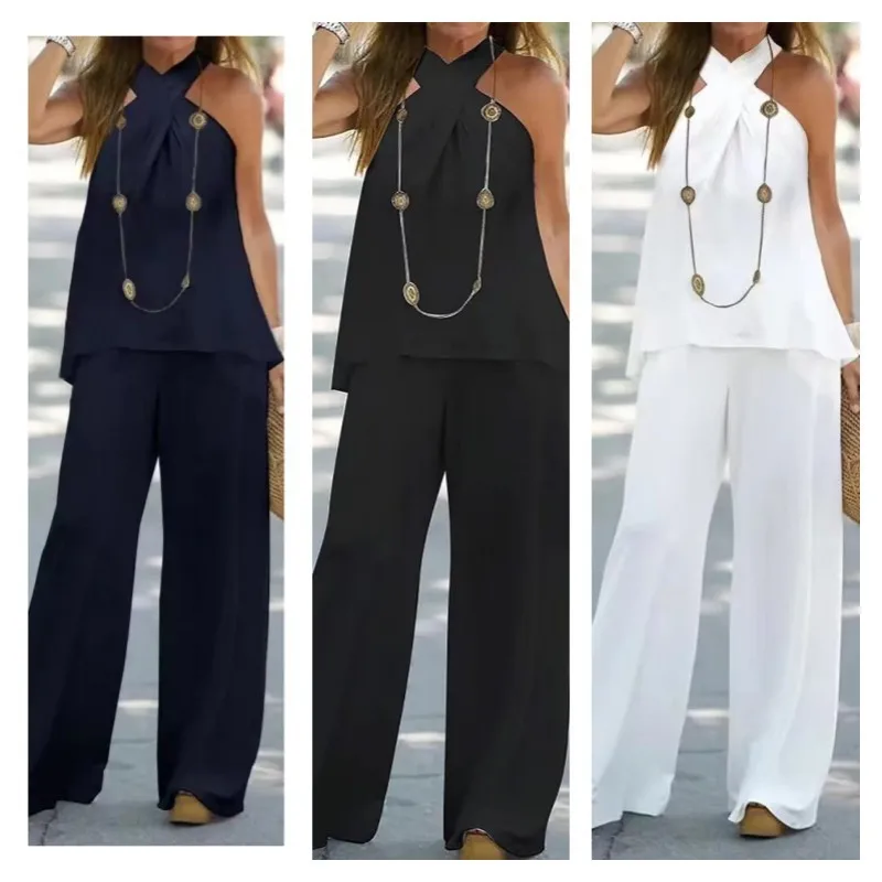 Sexy Sleeveless Tops Pants Set Office Lady Spring Summer Fashion Slim Solid Tshirt Blouse Long Trousers Two Piece Set Women 2024