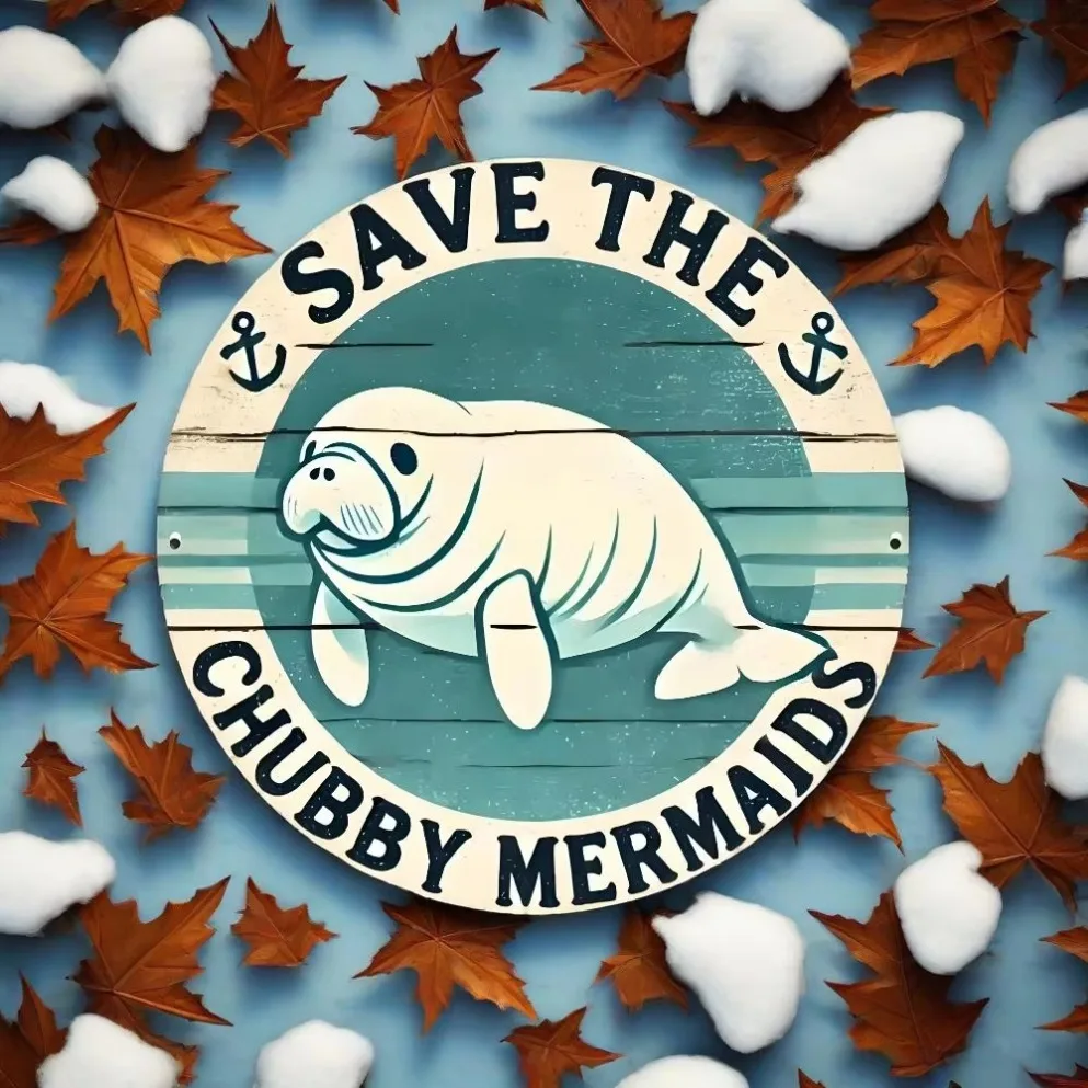 "Manatee Illustration" Round Decorative Art | Unique Coastal Bathroom Decor | Ideal for Beach Houses & Nautical Spaces