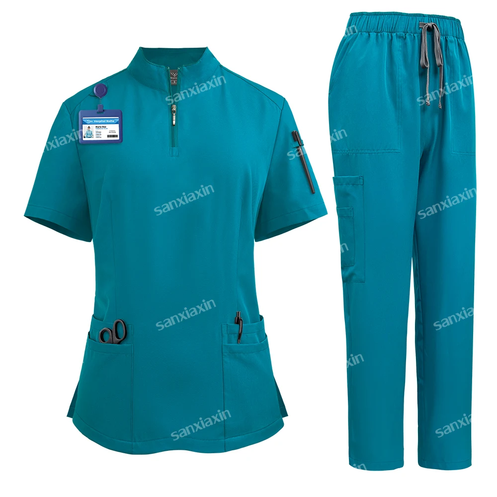 Hoge Hals Ritszakken Scrub Top Rechte Broek Set Schoonheidssalon Apotheek Werkkleding Arts Verpleegkundige Uniformen Verpleegkundige Chirurgische