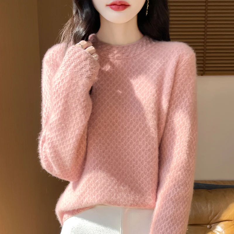 Suéter de punto calado de lana 100% pura para mujer, cuello semi-alto, holgado, estilo industrial, para otoño e invierno