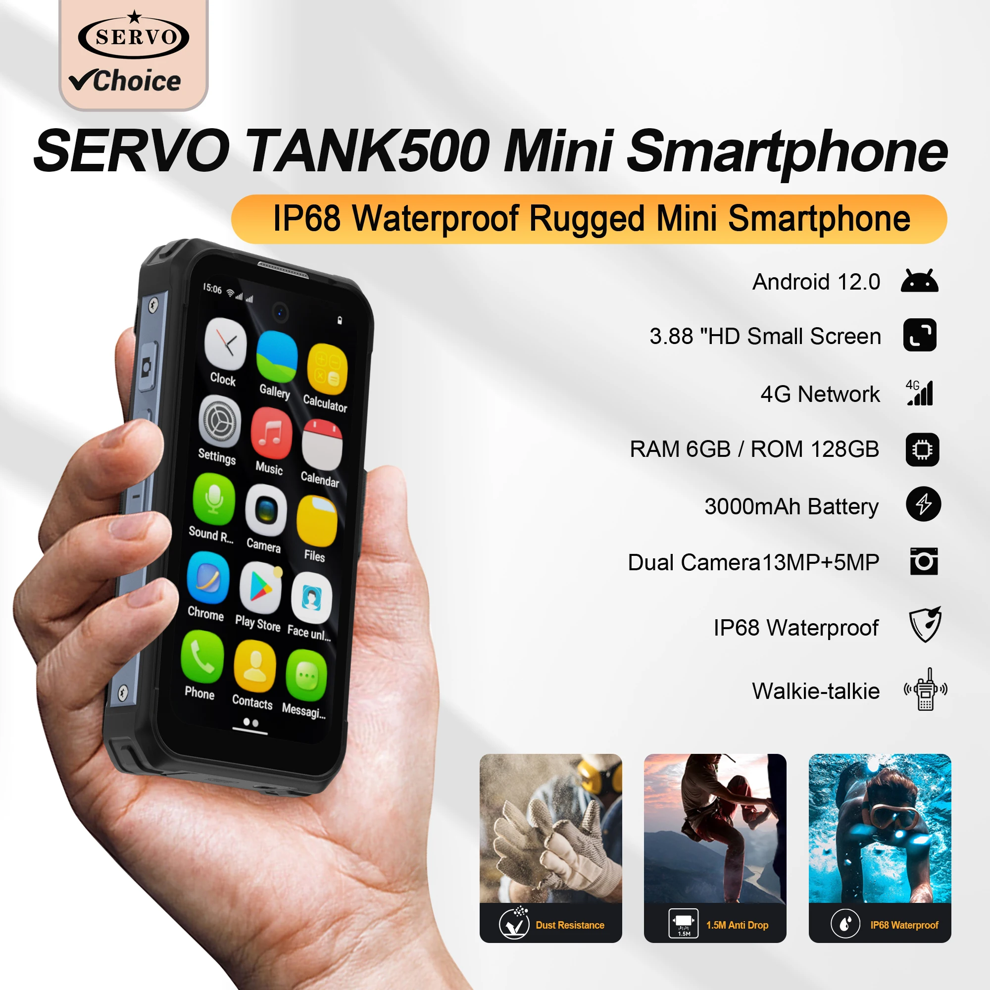 SERVO TANK500 IP68 Waterproof Smartphone 4G LTE Android12 OS Play Store 6GB+128GB WiFi 2SIM 3.88