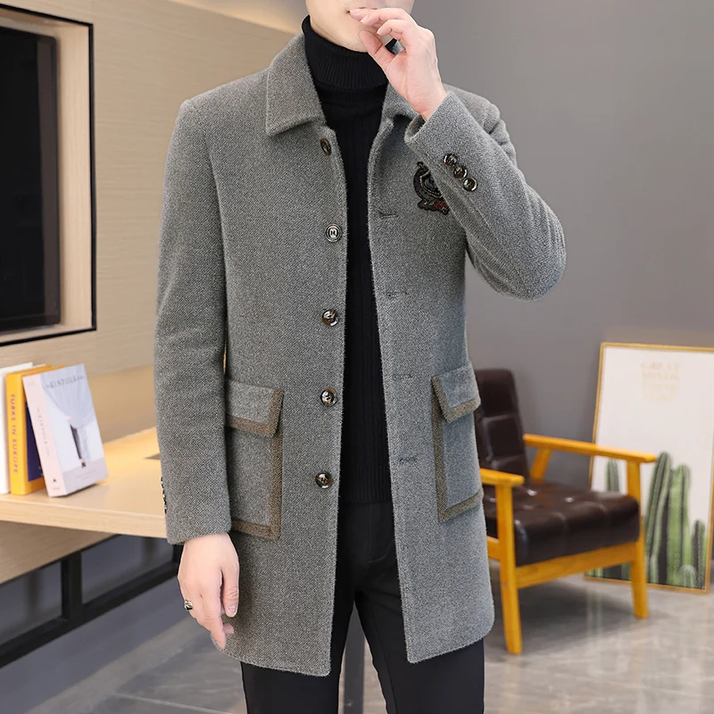 2022 Winter Imitation Mink Velvet Wool Blends Jacket Men Casual Business Long Coat Social Streetwear Slim Overcoat Windbreaker