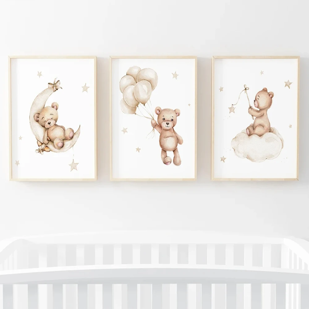 

3pcs Neutral Cute Teddy Bear Baby Wall Art Canvas Painting Posters For Brown Child Boy Nursery Kids Playroom Room Home Decor