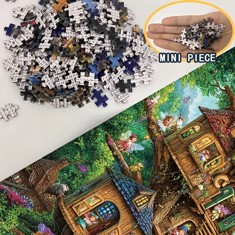 لغز صغير الحجم 1000 قطعة فن بيت شجرة قزم، 38 × 26 سم، كوخ شتوي سحري لديكور العطلة وعشاق الأعمال اليدوية