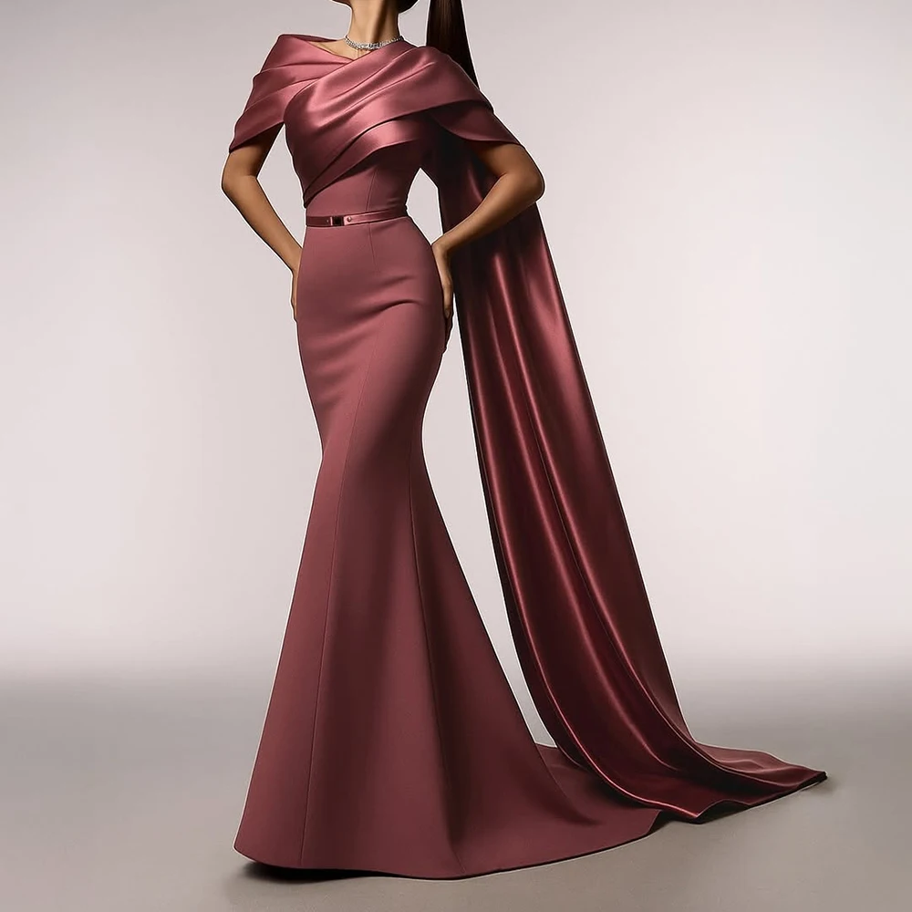 Abiti da sera a sirena personalizzati Abito da ballo senza maniche lungo fino al pavimento con spalle scoperte Abito da festa drappeggiato con stola alla moda semplice