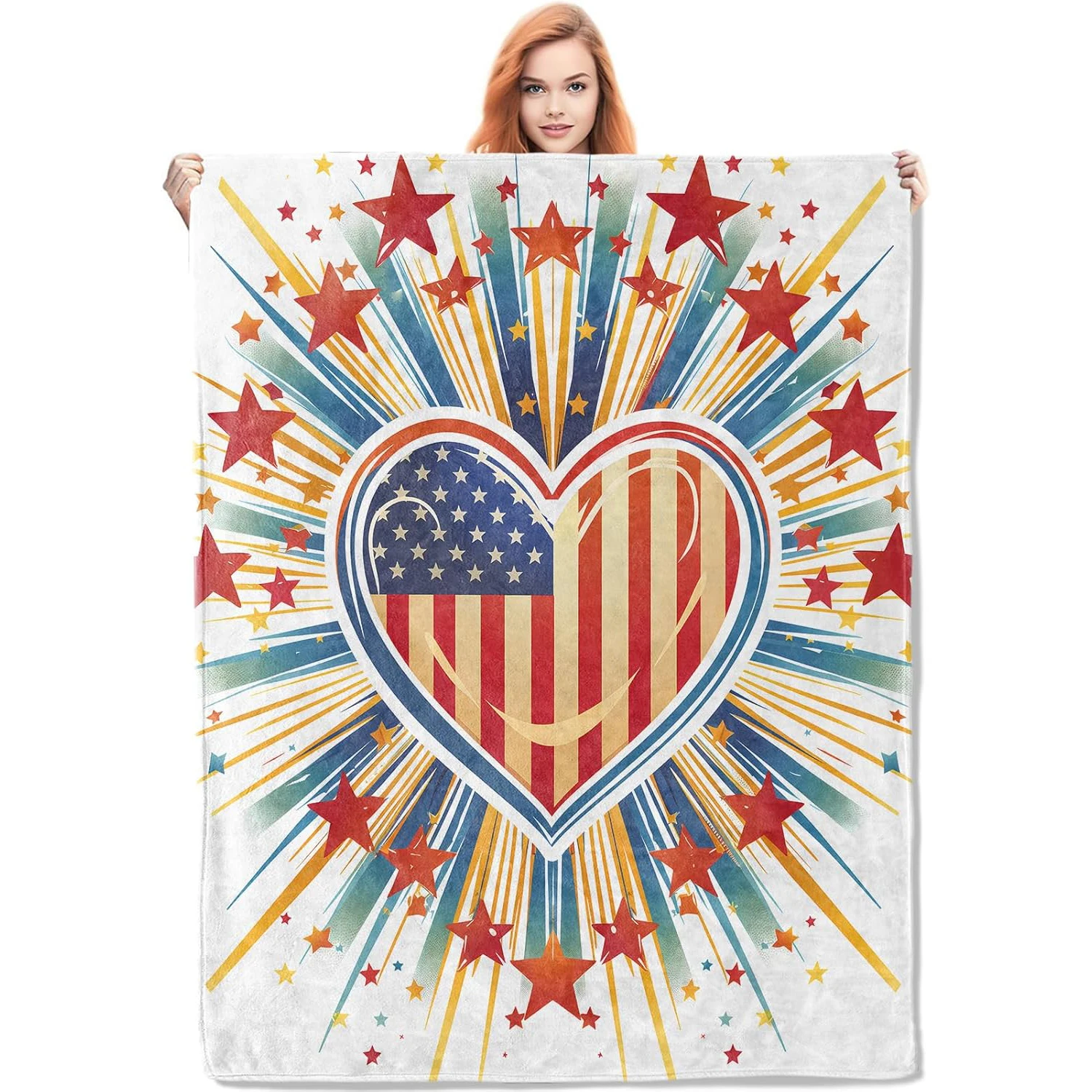 Patriotic Heart Throw Blanket , American Flag Design Blankets, Soft Throws, Vibrant USA Heart and Stars, Festive Gifts