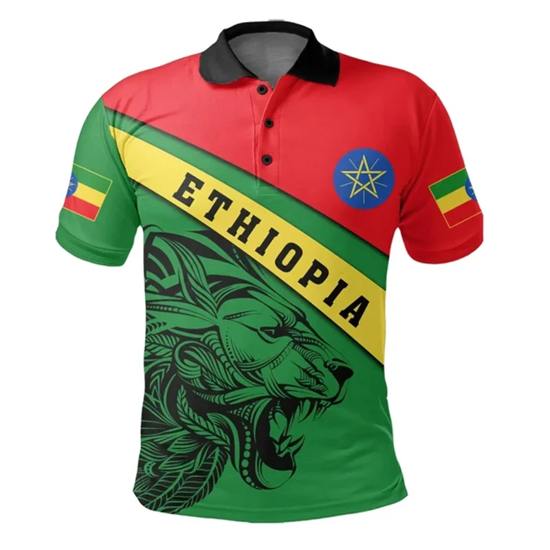 New Summer Cool 3D The Flag Of Ethiopia Printing Polo Shirt Ethiopia Emblem Spiritual Totem Graphic Polo Shirts For Men Clothing