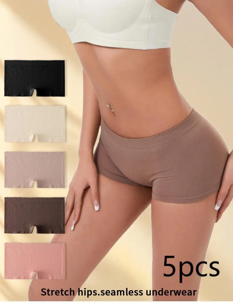 Cross border foreign trade underwear women's mid waist ribbed European and American breathable flat angle safety underwear sport