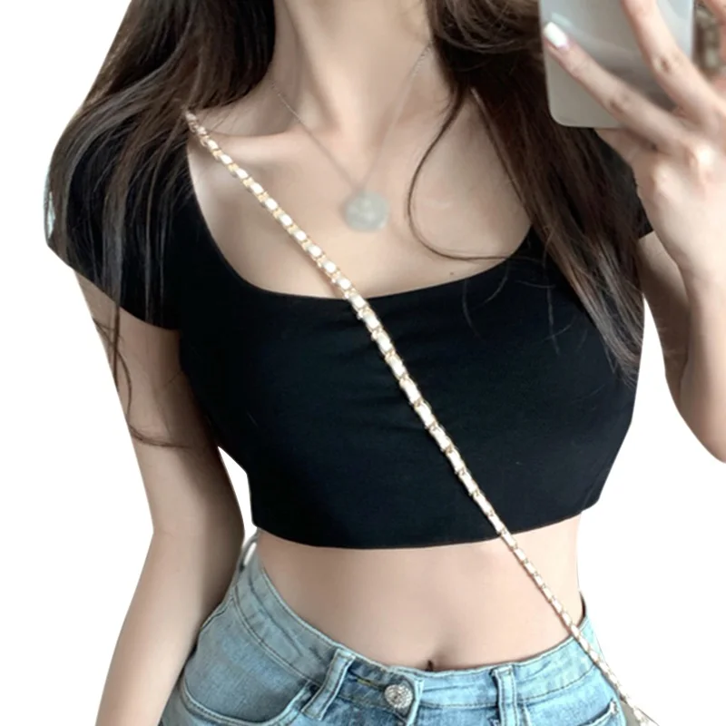 Summer U-neck Short Short-sleeved T-shirt Women\'s Top Slim Square Neck Crop Top