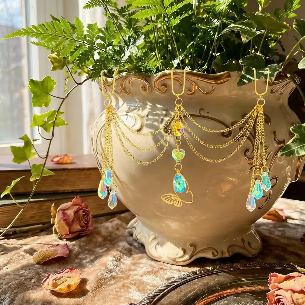 Colorful Flower Pot Crystal Sun Catcher Butterfly Design Reflective Crystal Beaded Plant Hanger Decorative Exquisite