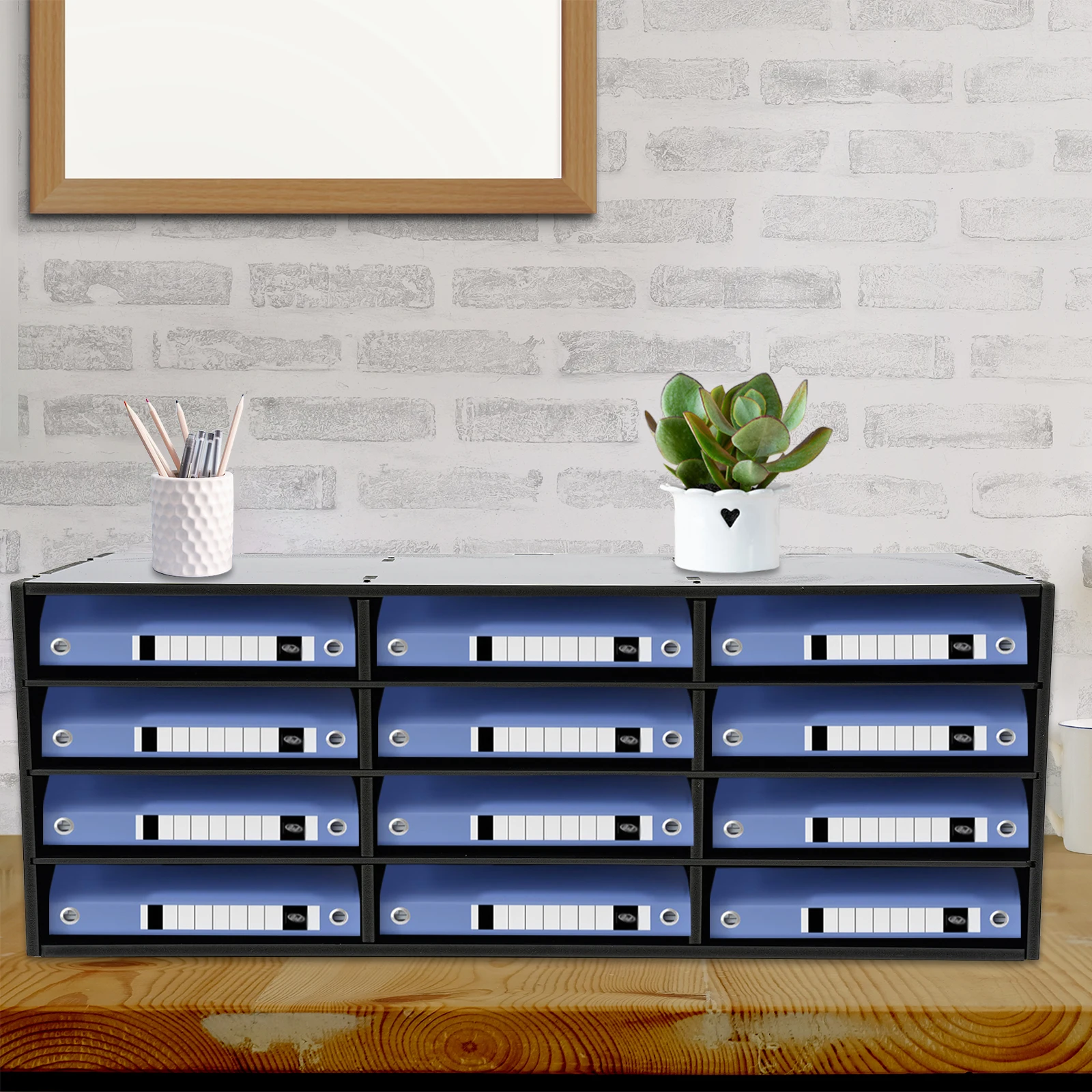 

12-Slot Mail Sorter – Black PVC, Modern. 4 Tiers, Top Platform. For Office/Home, Organizes Files/Documents, Easy Install