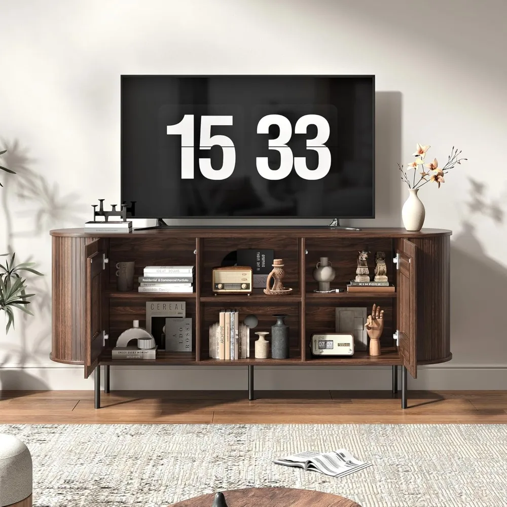 حامل تلفزيون 65 بوصة لأجهزة التلفاز حتى 75 بوصة، وحدة تحكم تلفزيون مركز الترفيه الحديثة في منتصف القرن مع أرفف قابلة للتعديل، ملف تعريف منحني