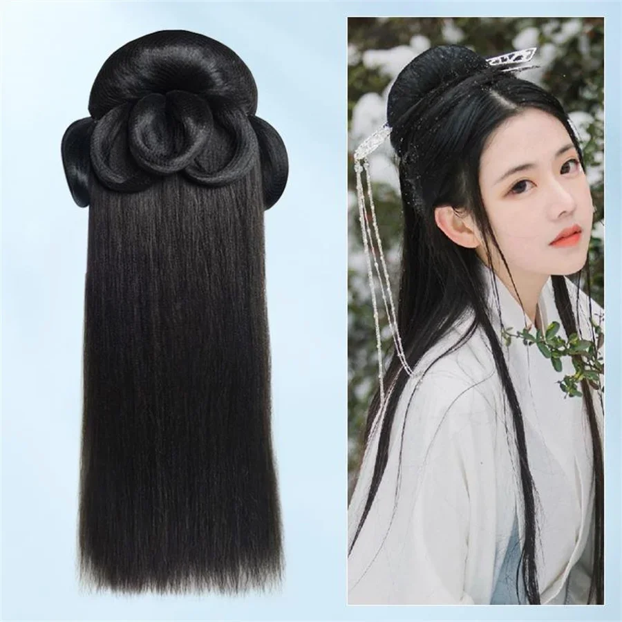 

2025halloween Perruque de prairie chinoise pour femmes, perruques synthétiques Hanfu traditionnelles, coiffure 03, chignon noir