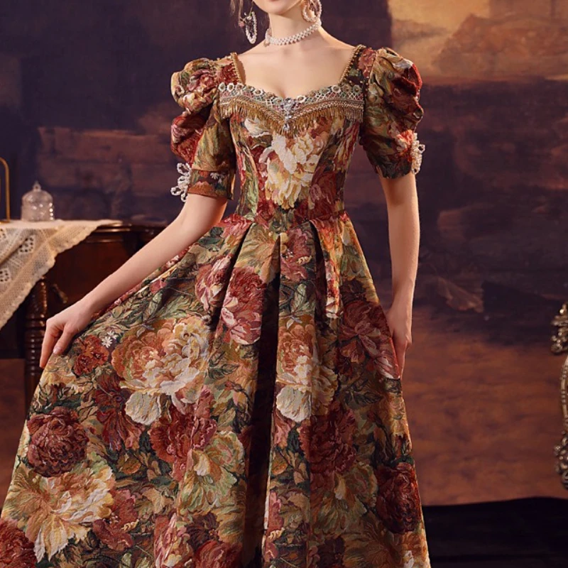 น้ําเงิน Noble Princess ภาพวาดสีน้ํามัน Travel Photo จัดเลี้ยงเครื่องแต่งกายละครอังกฤษชุด Vestidos De Festa Luxo