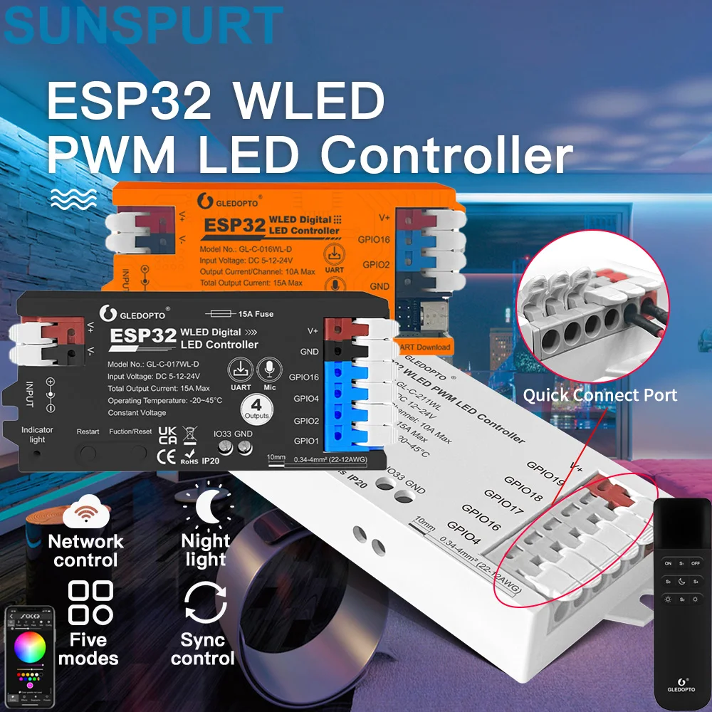 10 Gledopto ESP32 8266 WLED PWM LED Controller with Microphone Music Sync Support 5IN1RGBWC WS2811/12B/13/15/SK6812 Strip Lights