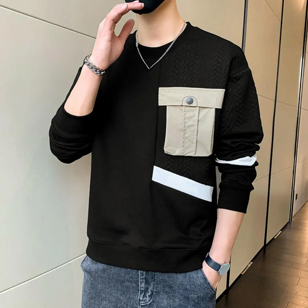 

Men Applique Sweatshirt Men's Round Neck Applique Pocket Patchwork Sweatshirt Soft Breathable Long Sleeve Pullover for Fall