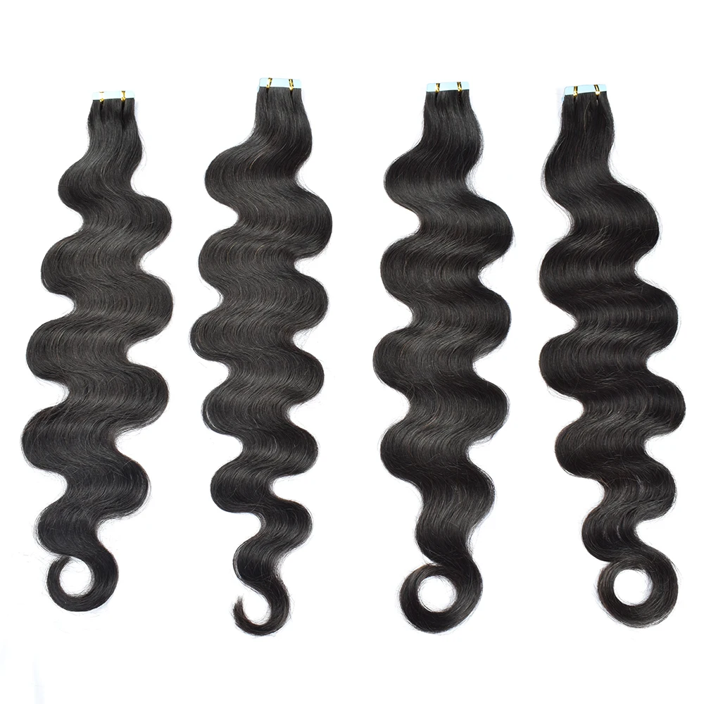 Extensiones de ondas corporales de cabello humano 100% Remy Real, pegamento adhesivo de trama de piel para salón, alta calidad para mujer, 1B