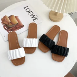 Girl's Slippers Pleated Black White Pu Leather Beach Kids Sliders Flat Summer Square Toe Leisure Slip-on Children Shoes 27-36