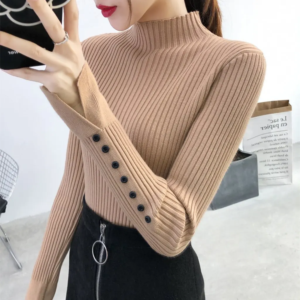 여성 슬림핏 하프 터틀넥 니트웨어 긴팔 풀오버 탑 가을 겨울 아우터웨어 이너웨어